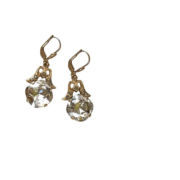 Art Deco Style Rhinestone Drop Earrings Brass Leverback Vintage Dangle 1.5" - Picture 6 of 10